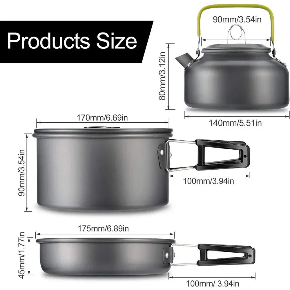 Black anodized aluminum 11-piece camping cookware set with nesting pots frying pan and portable teapot — view 2
