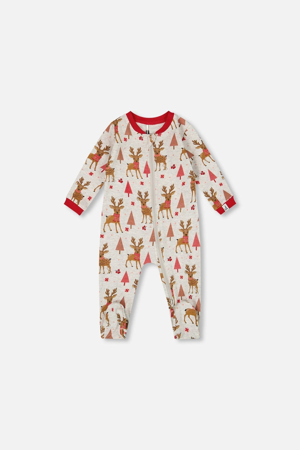 One-Piece Organic Cotton Pajama Beige Girly Reindeer Print-0