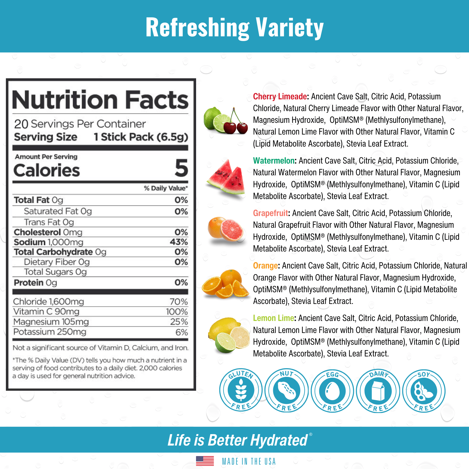 H2O Electrolytes zero sugar powder sample variety pack of 5 packets with Himalayan cave salt — view 2