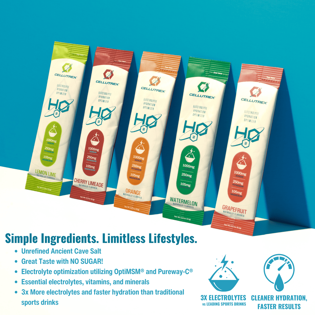 H2O Electrolytes zero sugar variety pack boxes and individual powder packets on a clean background — view 3