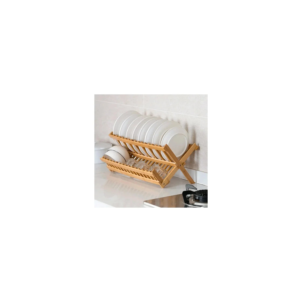 Two-tier foldable natural bamboo dish drying rack organizing plates and cups on a kitchen counter — view 4
