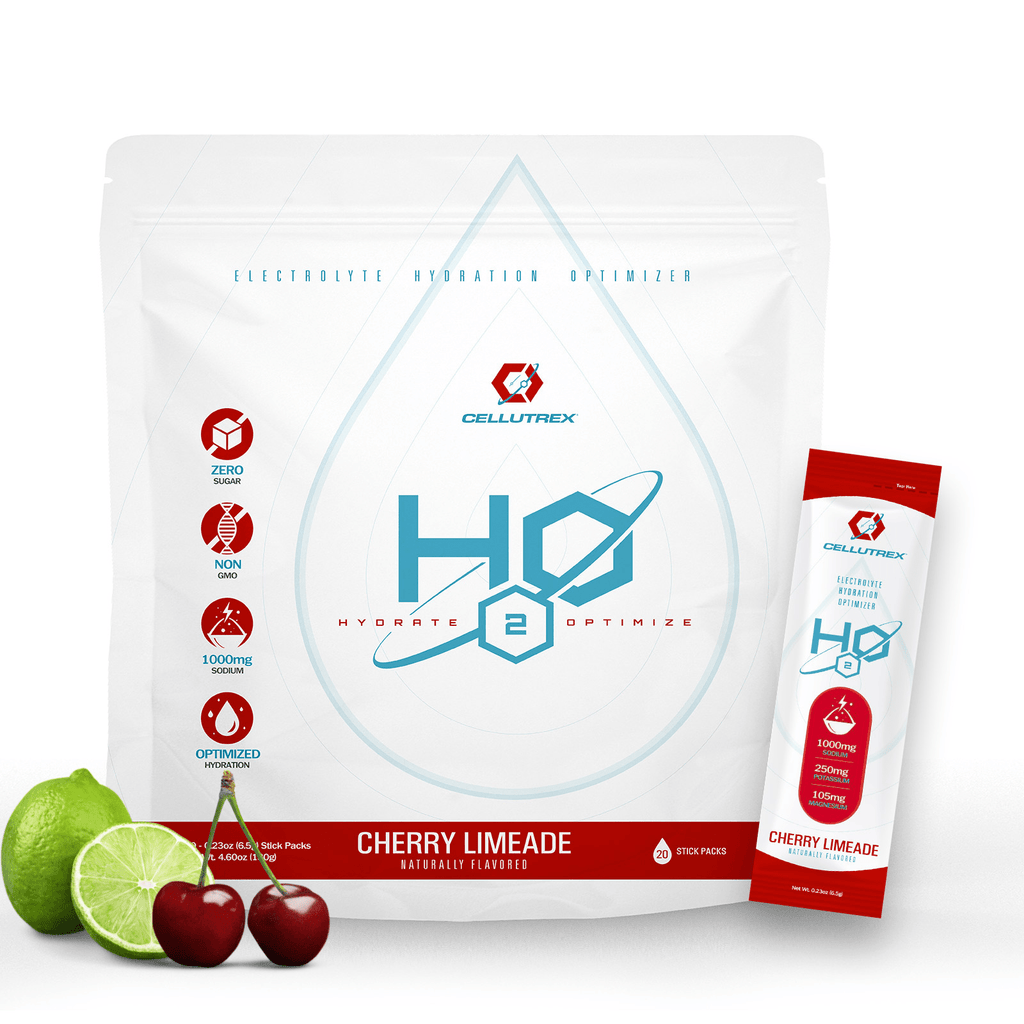 H2O Electrolytes Cherry Limeade zero sugar electrolyte powder packet and colorful fresh fruit