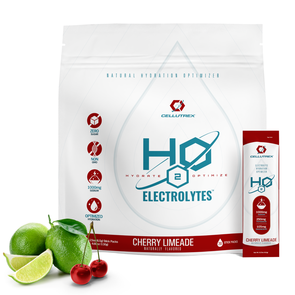 Cherry limeade zero sugar electrolyte powder packaging with Cellutrex branding and Himalayan salt callouts