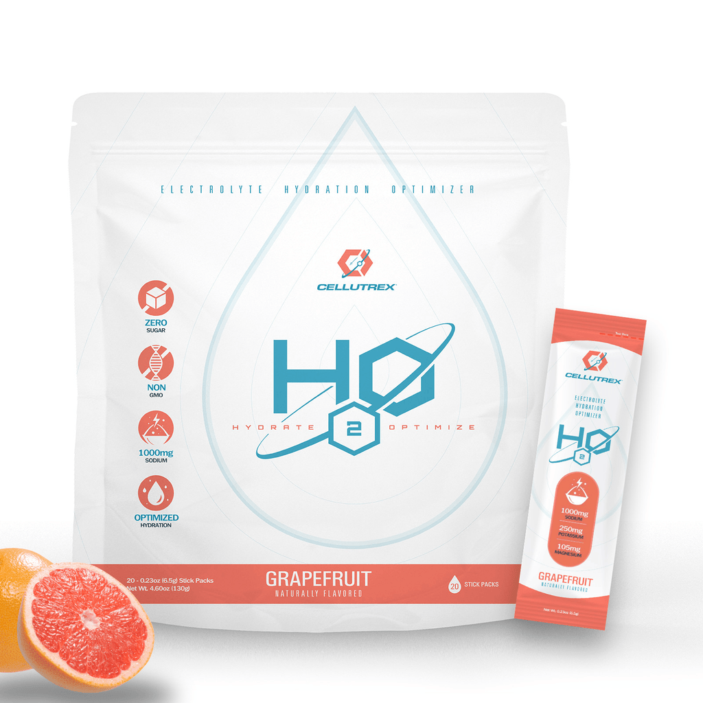 Grapefruit flavored zero sugar H2O Electrolytes powder packaging and refreshing mixed drink