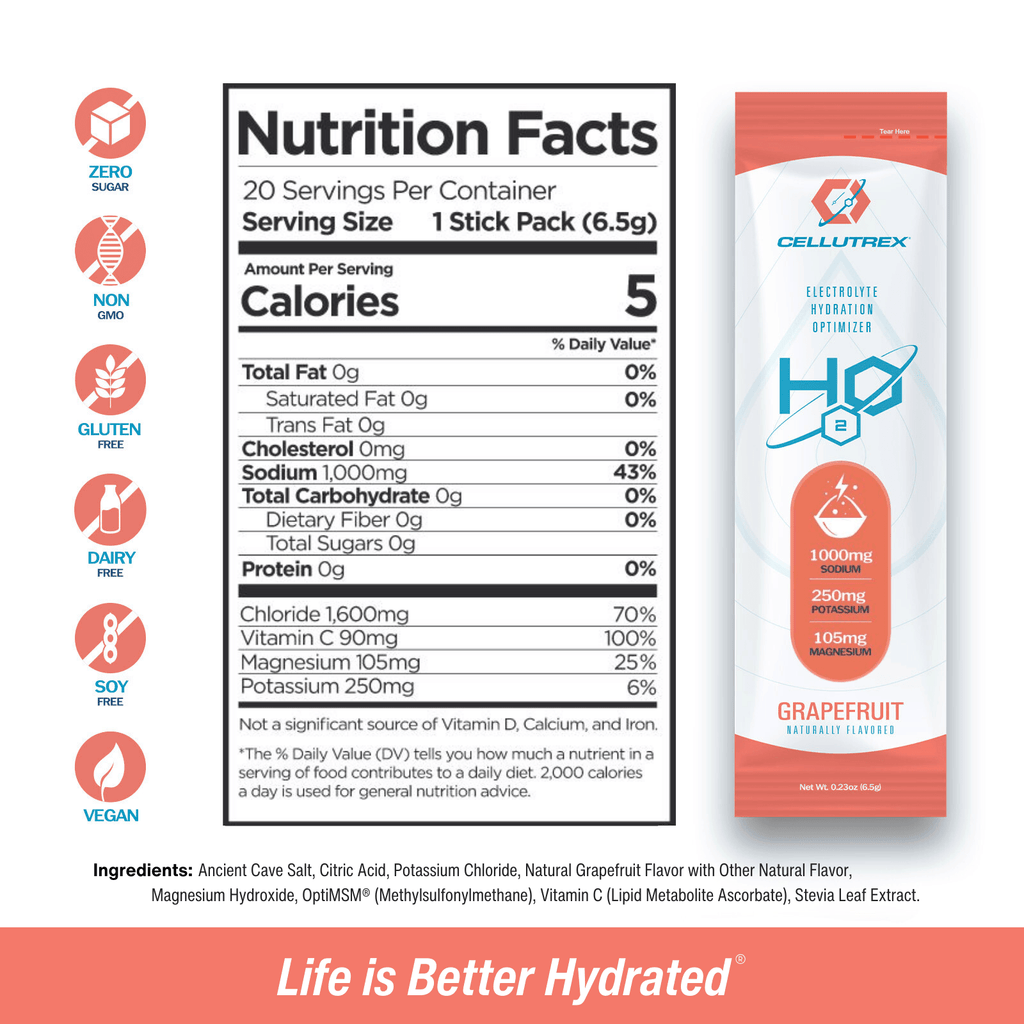 Grapefruit flavored zero sugar H2O Electrolytes powder packaging and refreshing mixed drink — view 2