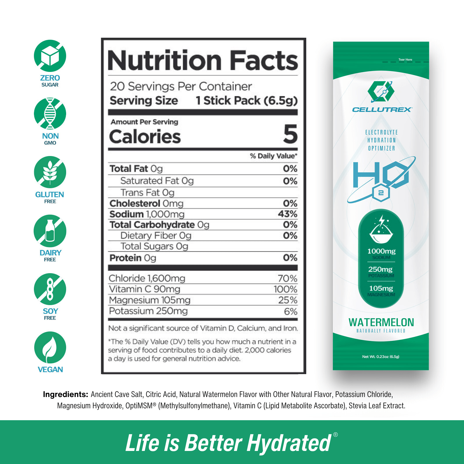 Watermelon zero sugar electrolyte powder packets for daily hydration and post-workout recovery — view 2