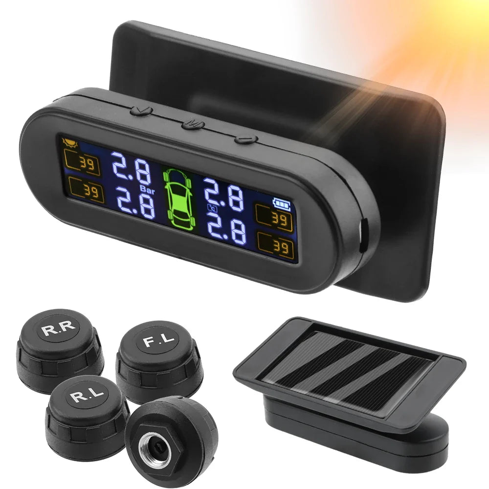Black solar-powered wireless tire pressure monitoring system with colorful LCD display and four external sensors. — view 2