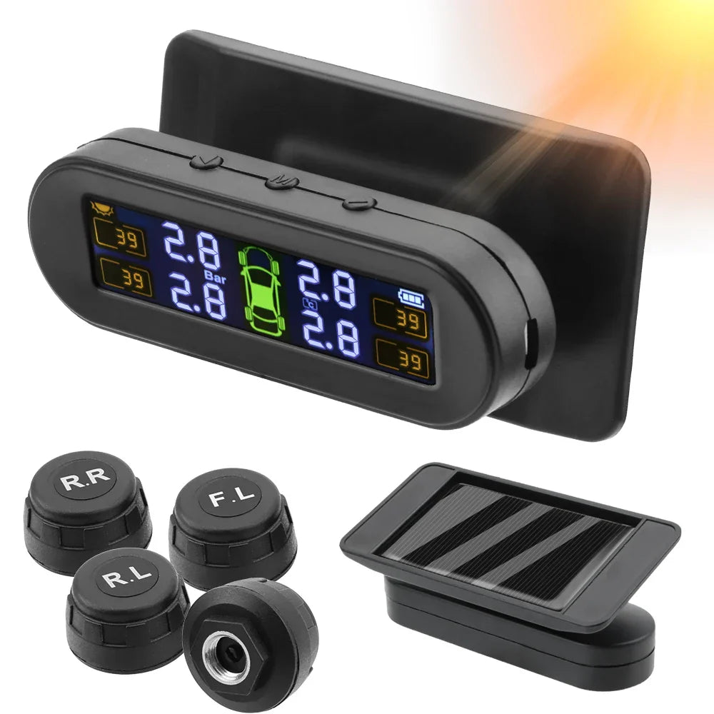 Solar wireless tire pressure monitor with black LCD display and four external waterproof sensors. — view 2