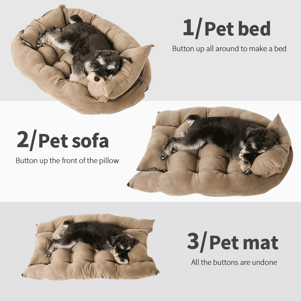 Brown 3-in-1 convertible pet bed and cotton mat for cats and small to medium dogs — view 2