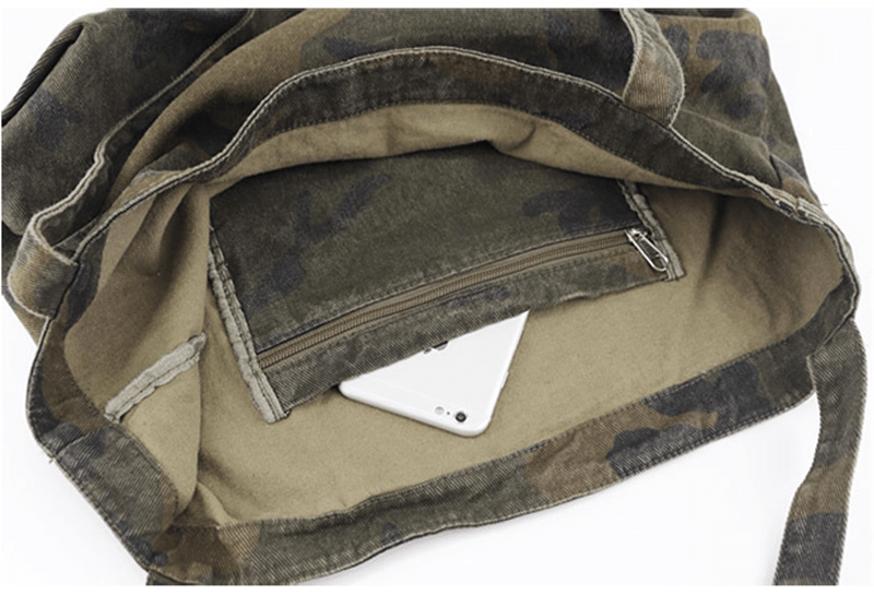 Kristy canvas tote bag in green camo print featuring vintage styling and durable shoulder straps — view 5