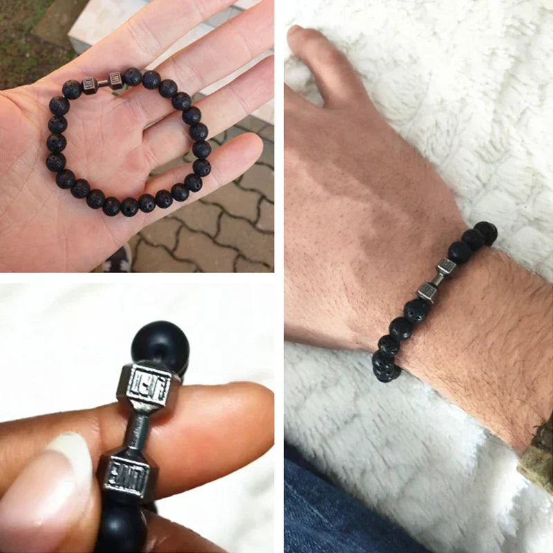 Dumbbell bead bracelet featuring natural black stone beads and silver fitness charm — view 3