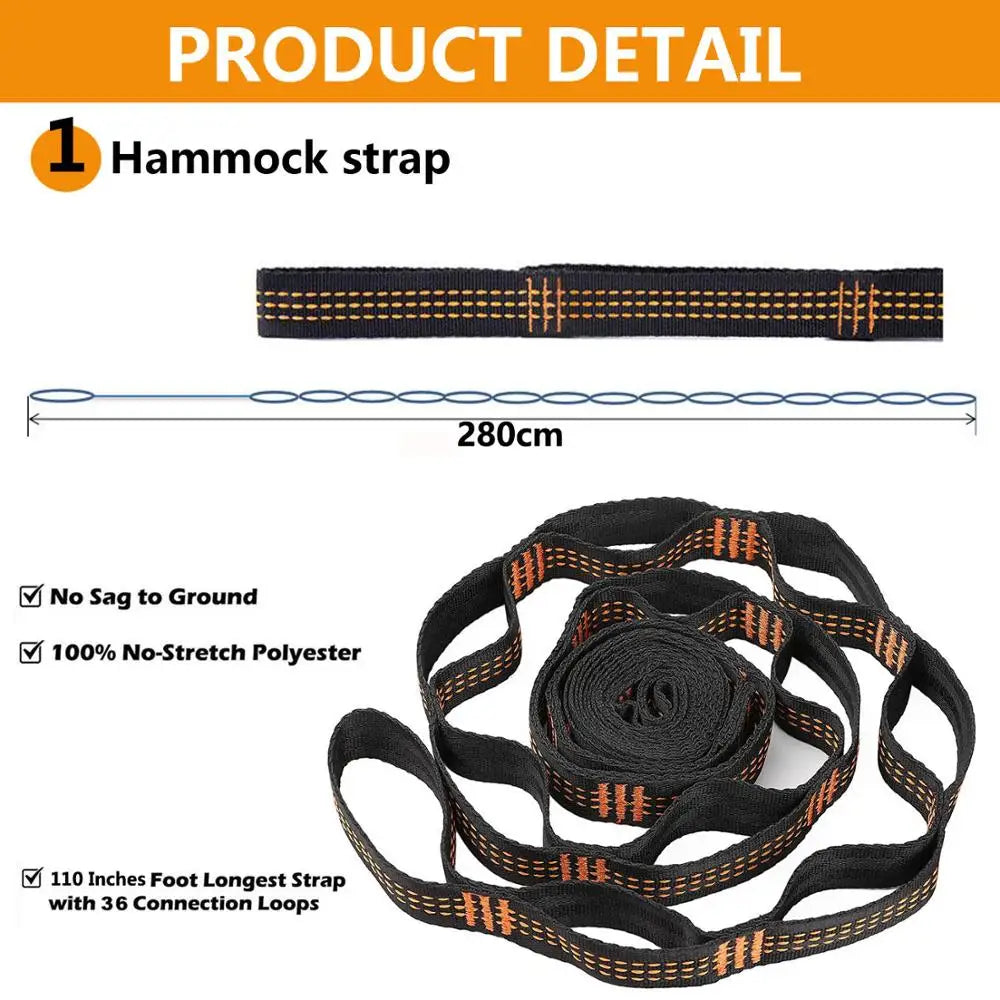 Adjustable black polyester hammock hanging belts with loops and two aluminum carabiners. — view 2