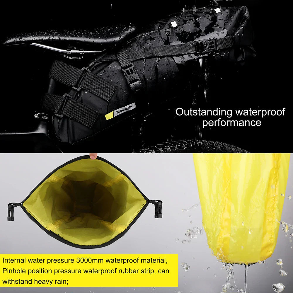 Black 13L waterproof bike saddlebag with stabilizer rack mounted on a bicycle. — view 4