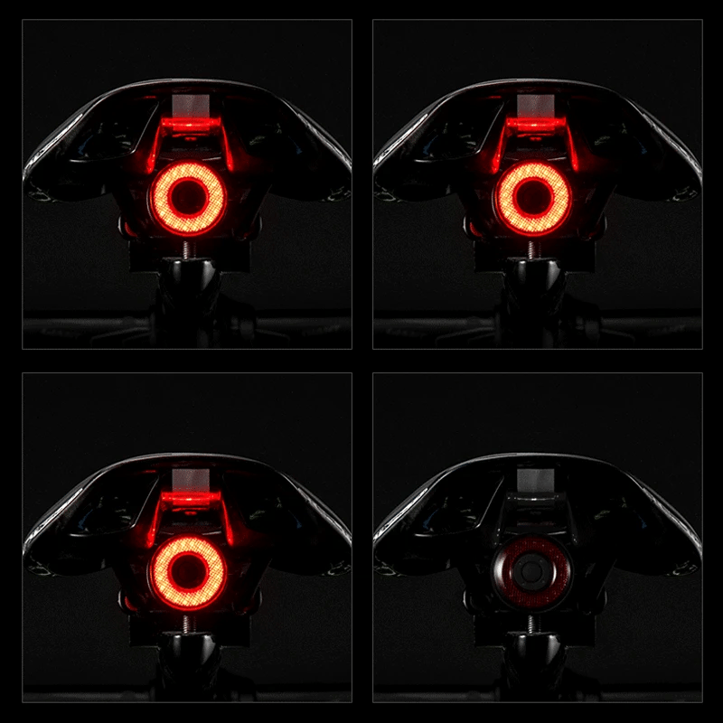Smart LED bike taillight in black aluminum with glowing red COB light mounted on seat rail — view 5