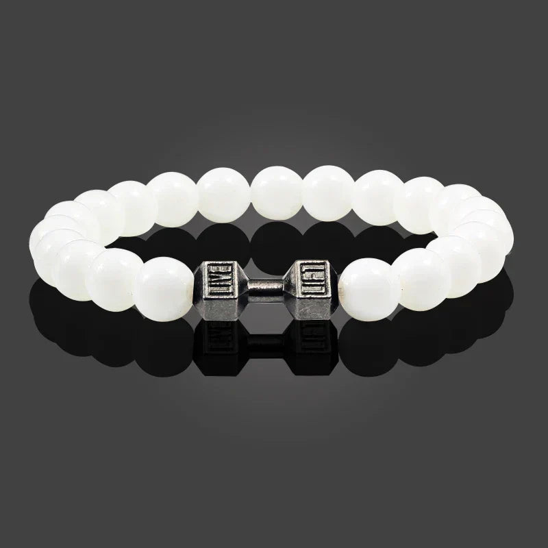 Dumbbell bead bracelet featuring natural black stone beads and silver fitness charm — view 5