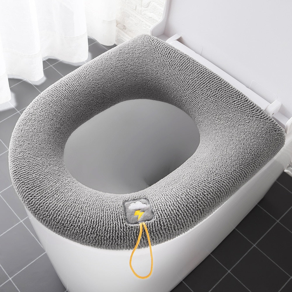 Gray thick plush winter warm toilet seat cover mat in soft polyacrylonitrile fiber — view 2