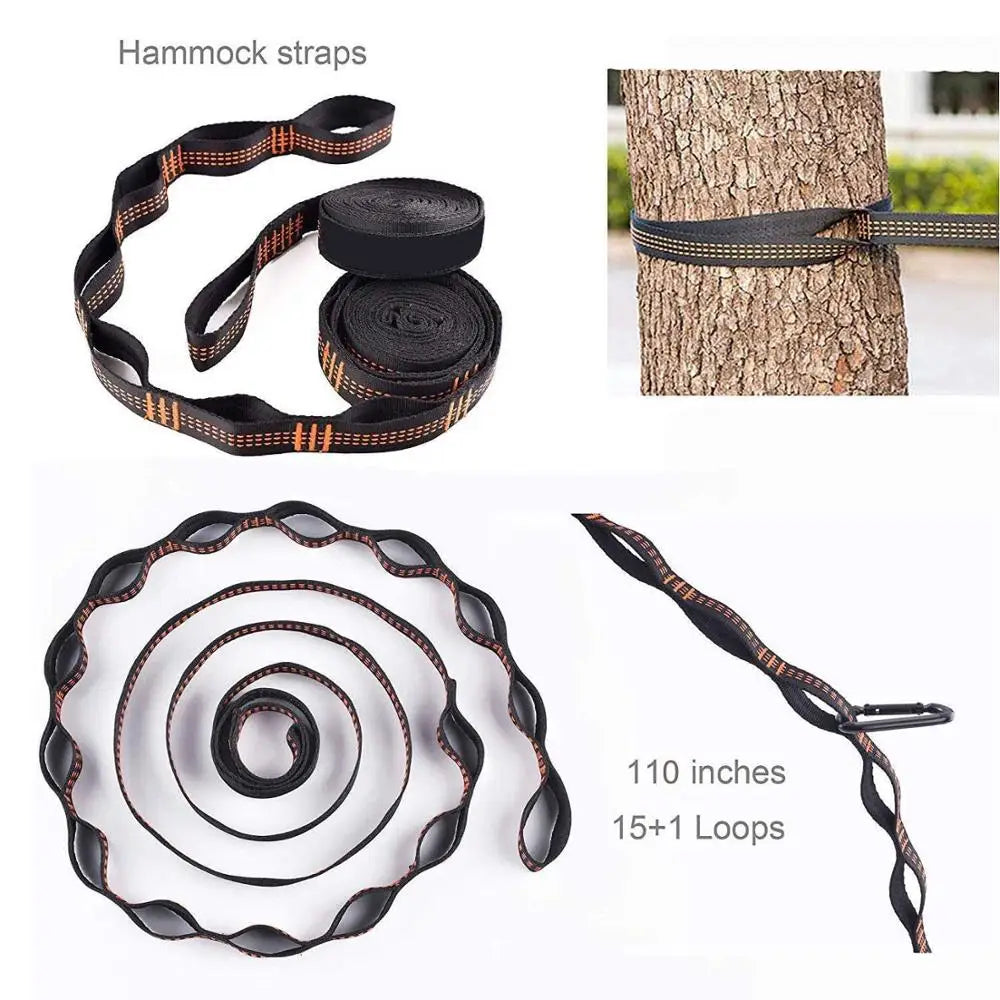 Adjustable black polyester hammock hanging belts with loops and two aluminum carabiners. — view 5