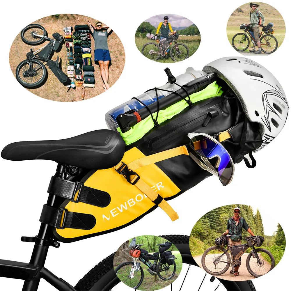 Waterproof 13L bike saddle bag in yellow PVC, mounted securely to a bicycle seat post — view 3