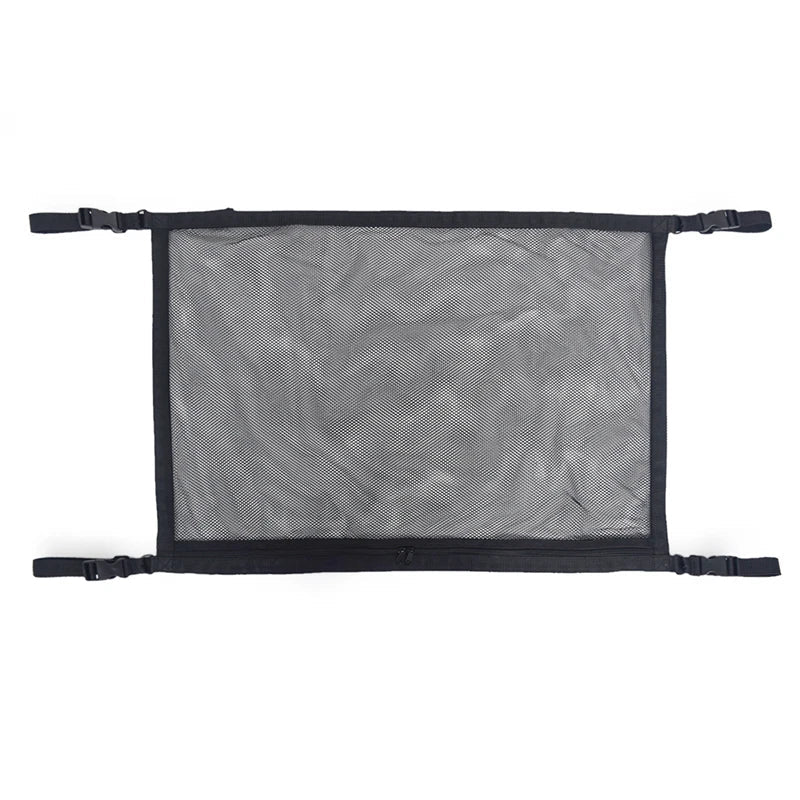 Black SUV ceiling storage net cargo organizer made of breathable mesh with adjustable attachment buckles