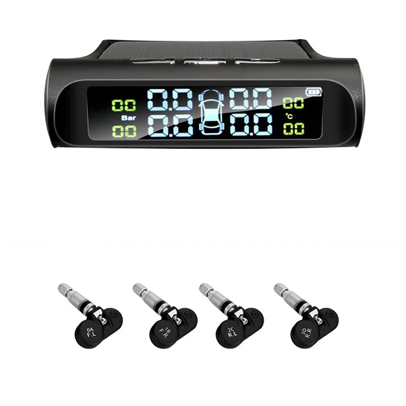 Black solar powered wireless tire pressure monitor with colorful digital dashboard display and four sensors