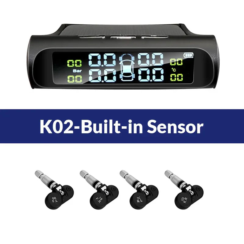 Black solar powered wireless tire pressure monitor with colorful digital dashboard display and four sensors — view 2