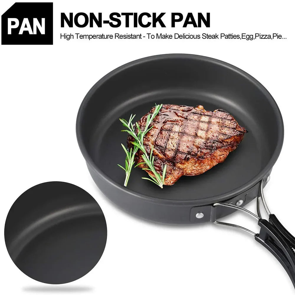 Black anodized aluminum 11-piece camping cookware set with nesting pots frying pan and portable teapot — view 5