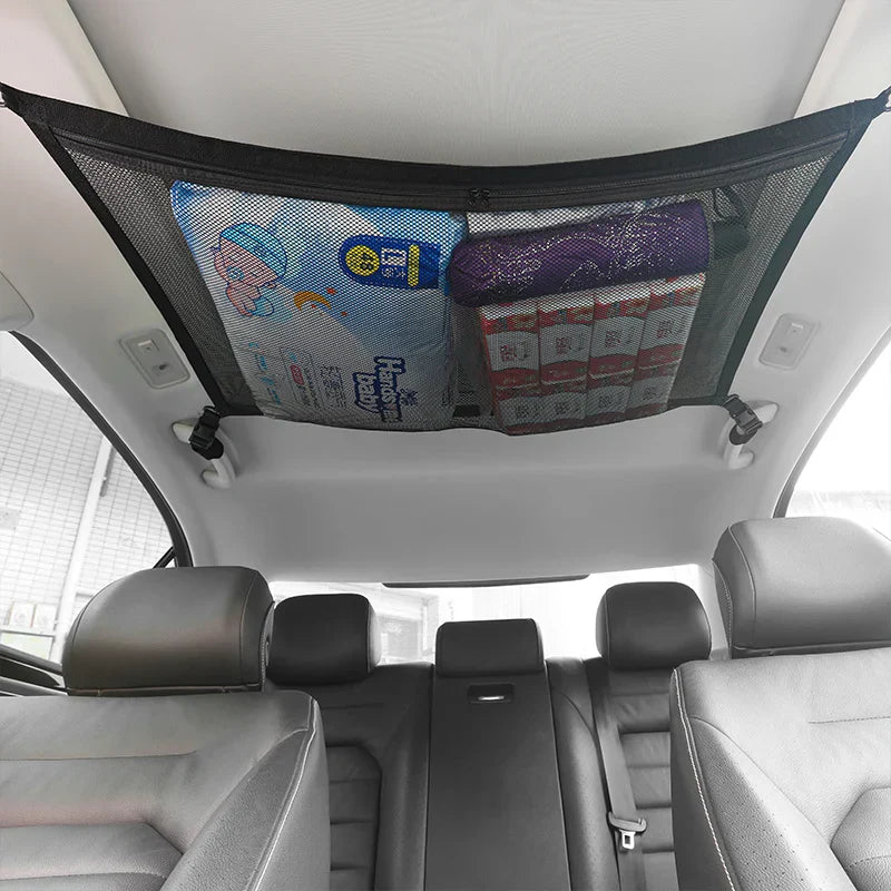 Black SUV ceiling storage net cargo organizer made of breathable mesh with adjustable attachment buckles — view 4