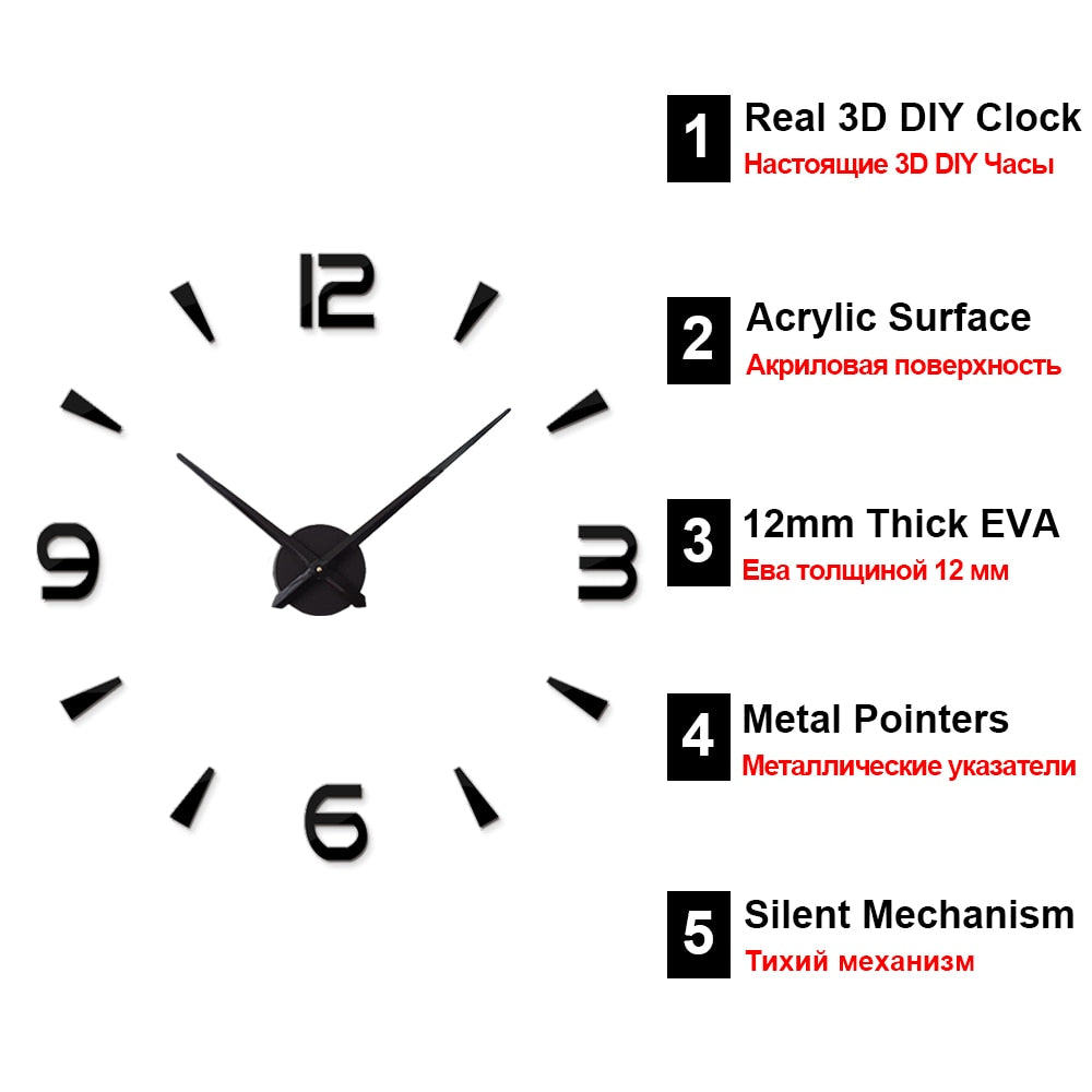 Large 3D DIY wall clock featuring acrylic mirror numbers and metal hands on a wall — view 4