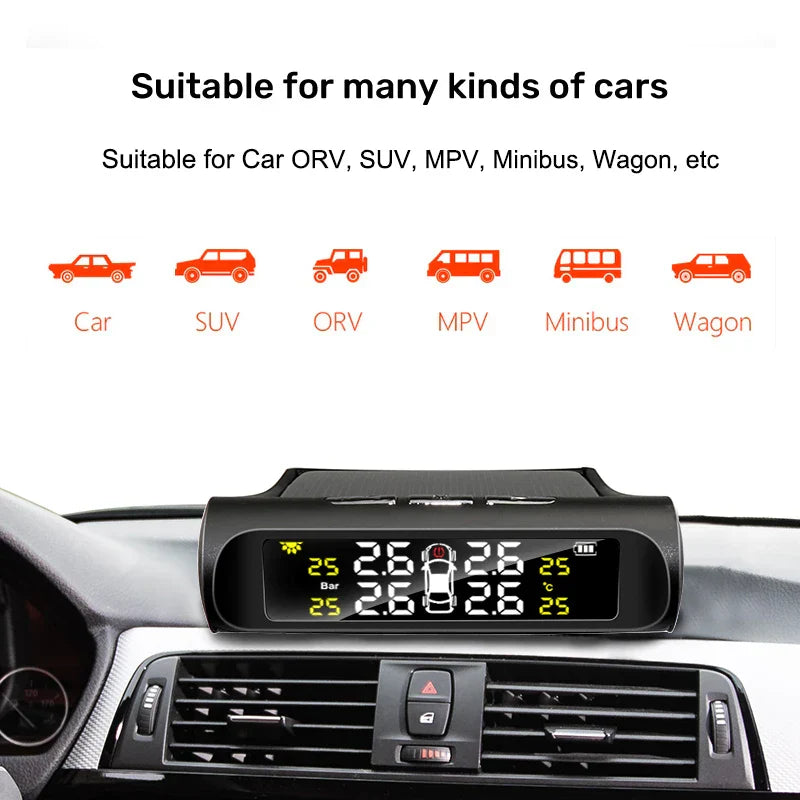 Black solar powered wireless tire pressure monitor with colorful digital dashboard display and four sensors — view 4