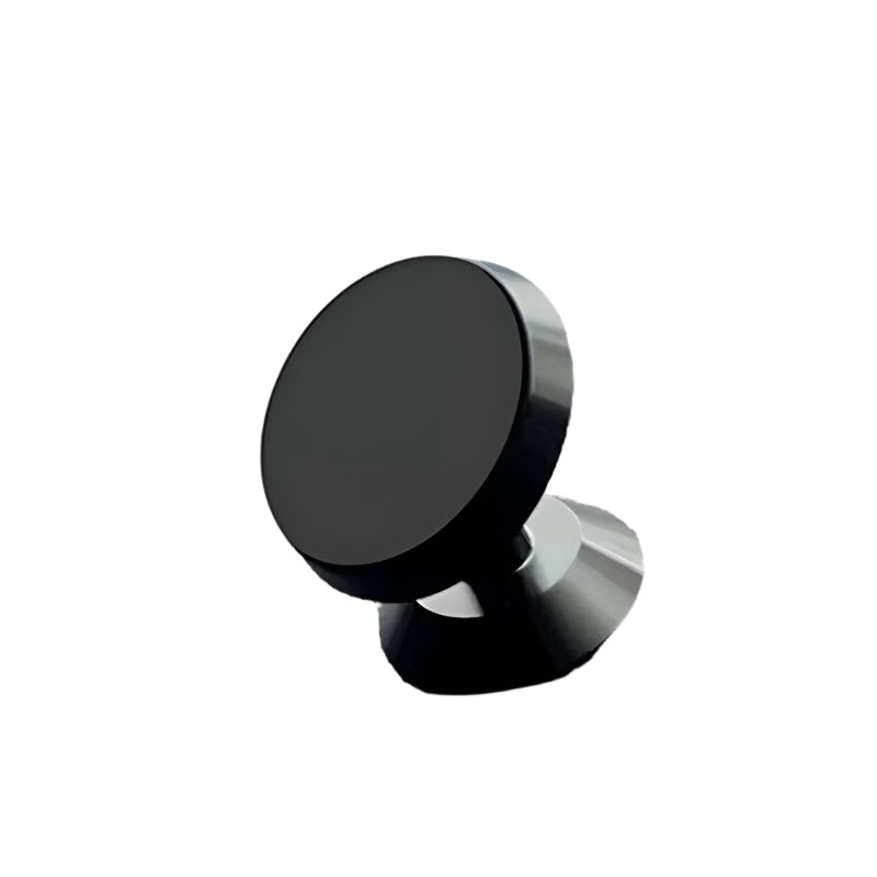 Universal magnetic phone mount in black aluminum alloy on a car dashboard