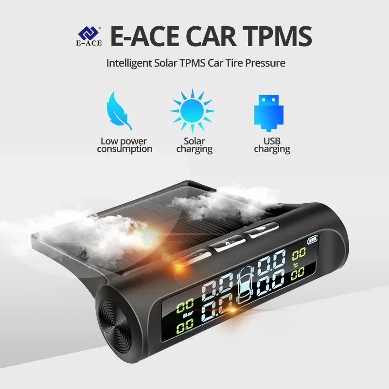 Black solar powered wireless tire pressure monitor with colorful digital dashboard display and four sensors — view 3