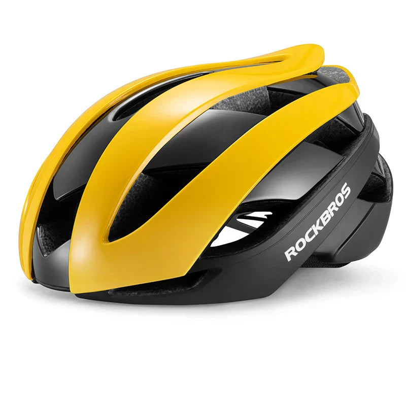 Ultralight yellow bicycle helmet with magnetic snap closure and aerodynamic ventilation vents for road cycling