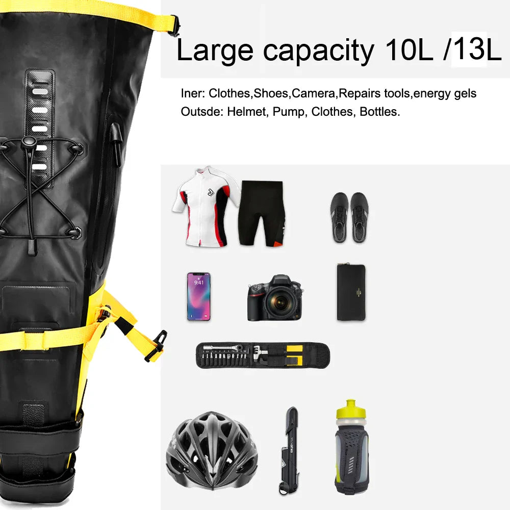 Waterproof 13L bike saddle bag in yellow PVC, mounted securely to a bicycle seat post — view 5