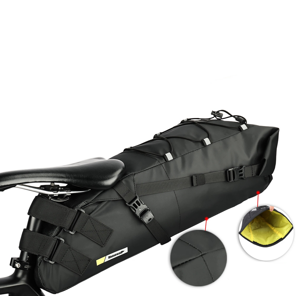 Black 13L waterproof bike saddlebag with stabilizer rack mounted on a bicycle.