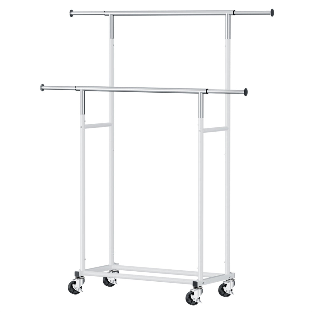 Silver and white Artiss double clothes rack with adjustable horizontal metal rods and rolling caster wheels