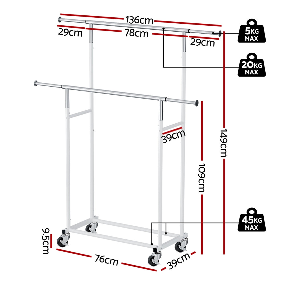 Silver and white Artiss double clothes rack with adjustable horizontal metal rods and rolling caster wheels — view 2