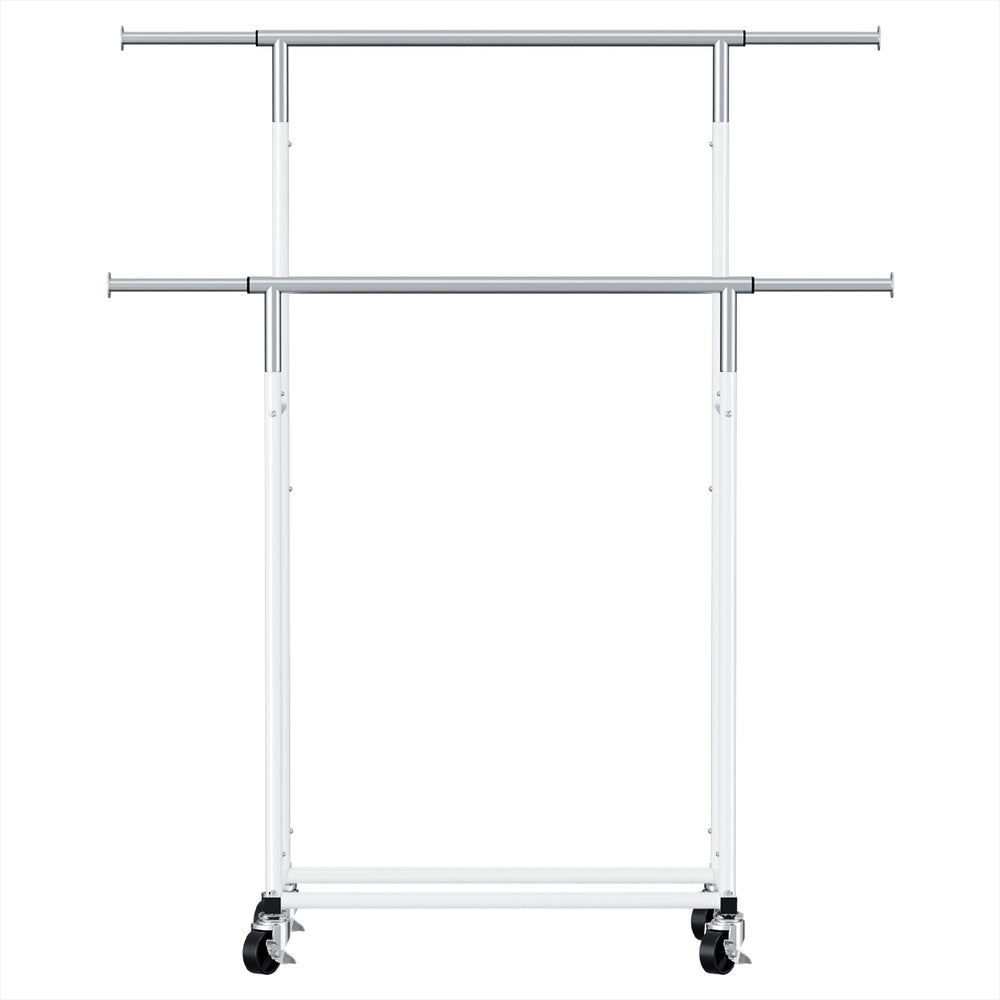 Silver and white Artiss double clothes rack with adjustable horizontal metal rods and rolling caster wheels — view 3