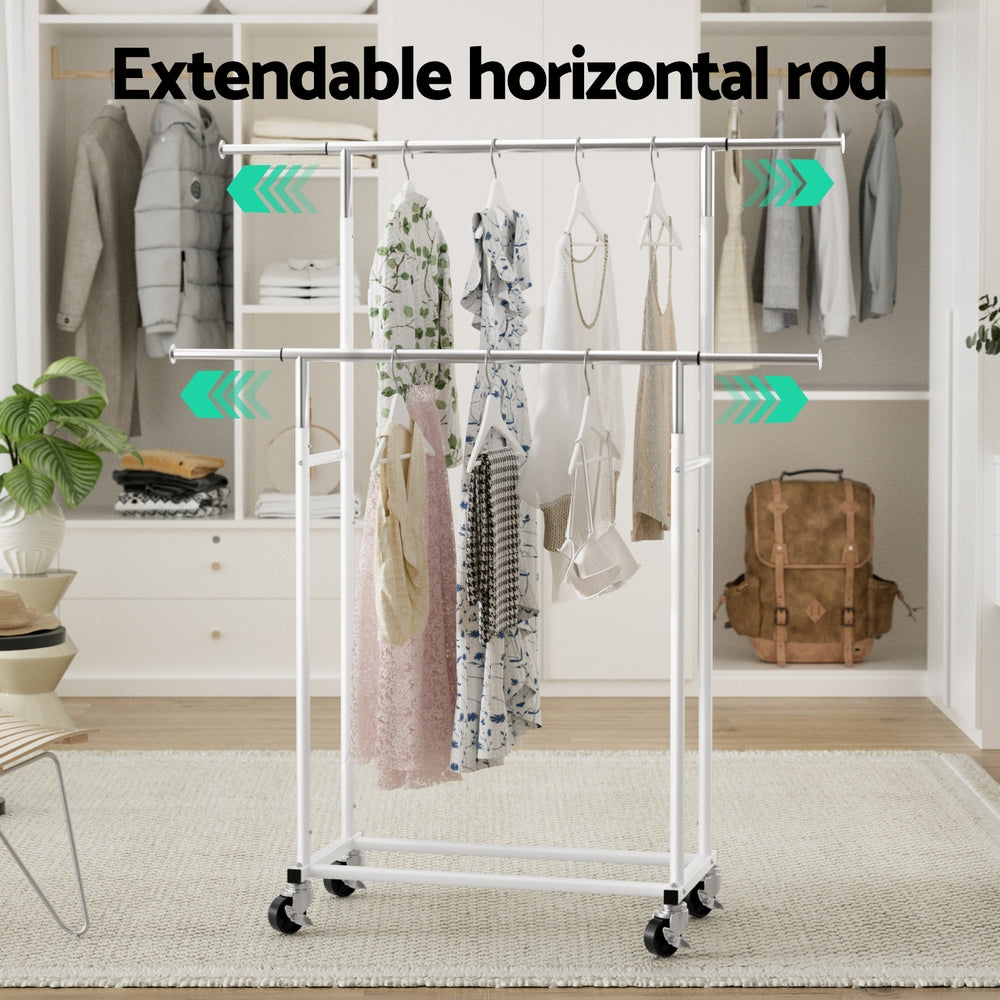 Silver and white Artiss double clothes rack with adjustable horizontal metal rods and rolling caster wheels — view 4