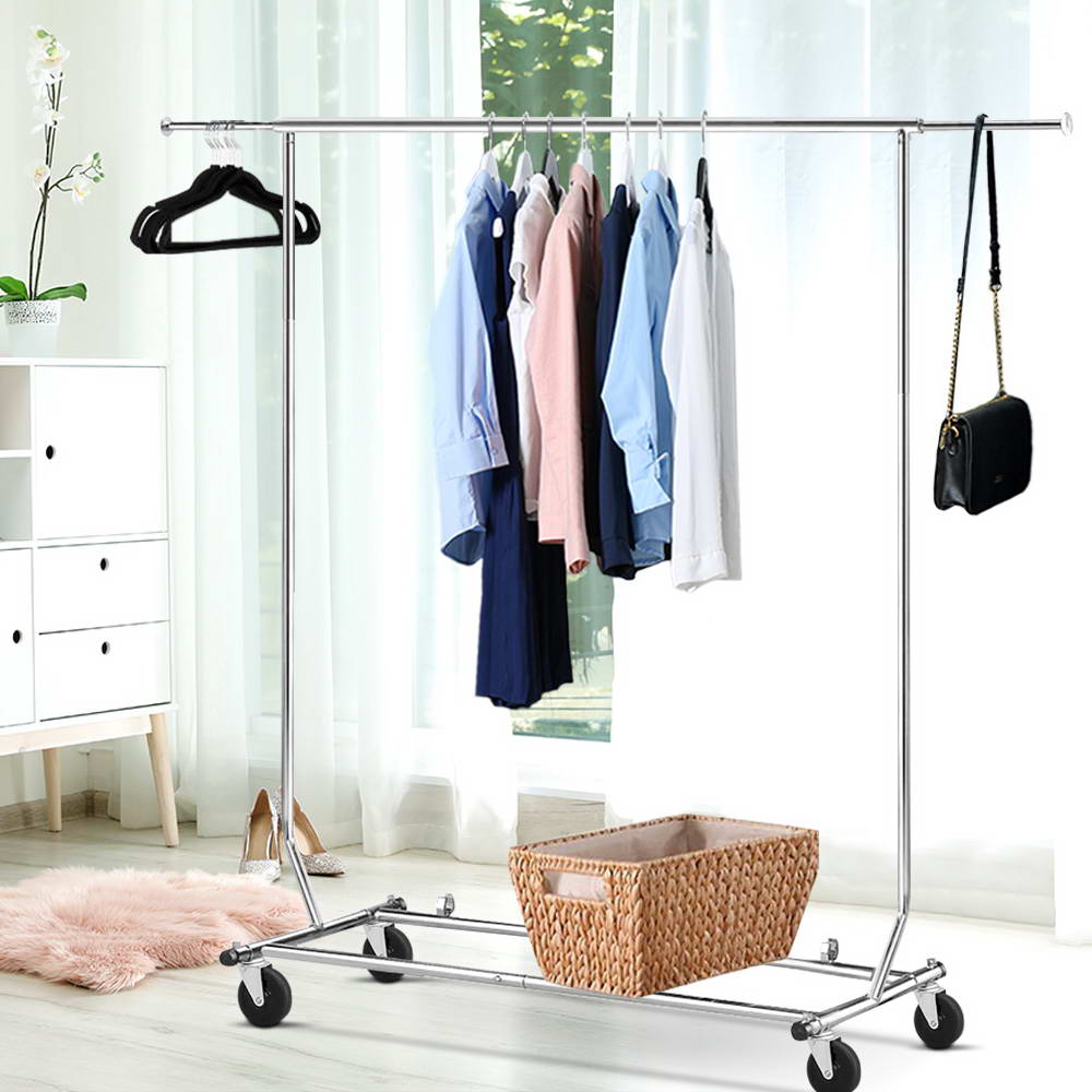 Adjustable heavy-duty chrome clothes rack on rolling castors with top rail and lower storage bars