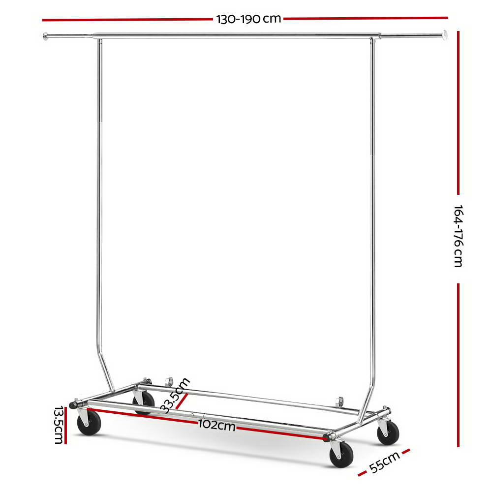 Adjustable heavy-duty chrome clothes rack on rolling castors with top rail and lower storage bars — view 2