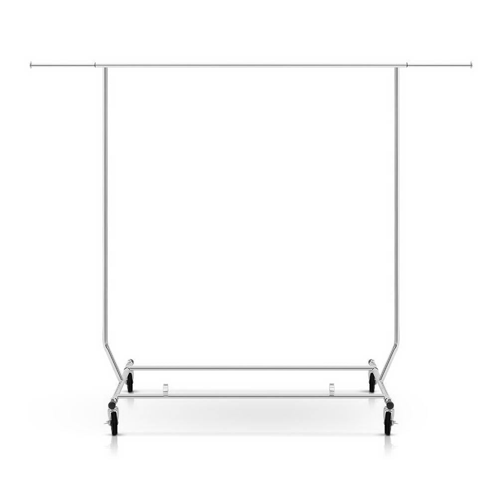 Adjustable heavy-duty chrome clothes rack on rolling castors with top rail and lower storage bars — view 3