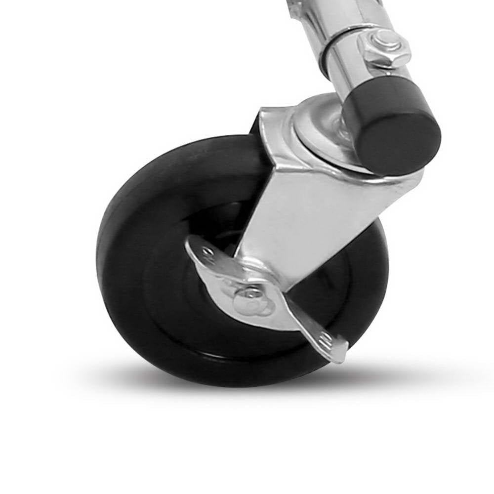 Adjustable heavy-duty chrome clothes rack on rolling castors with top rail and lower storage bars — view 4