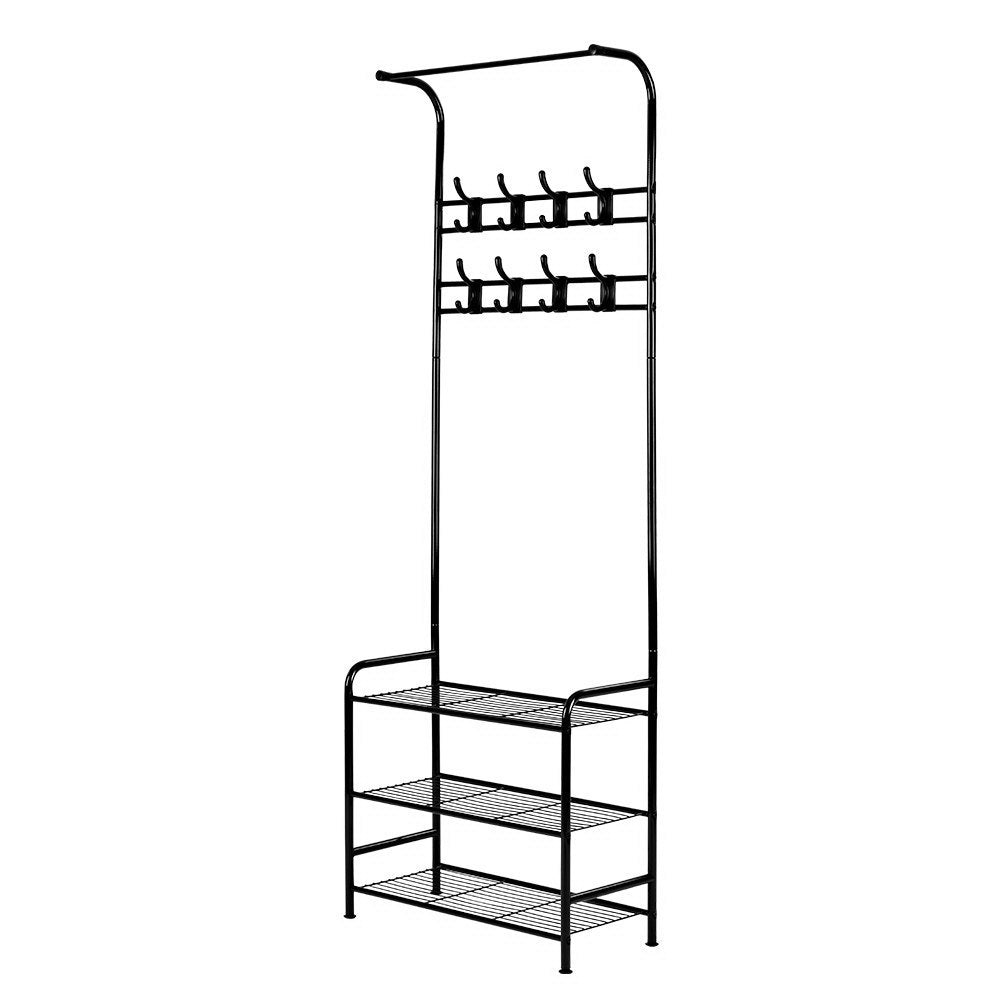 Black metal Artiss clothes rack with three tier shelving and eight coat hooks on display — view 3