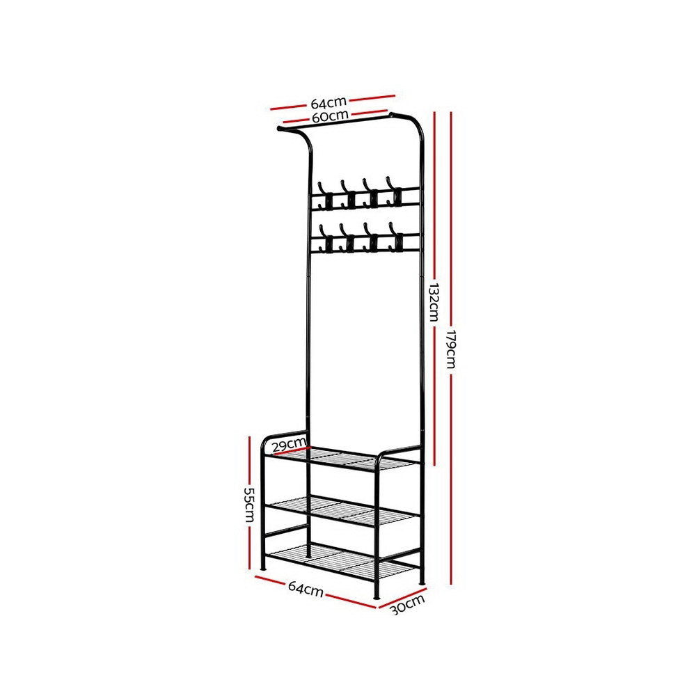 Black metal Artiss clothes rack with three tier shelving and eight coat hooks on display — view 4