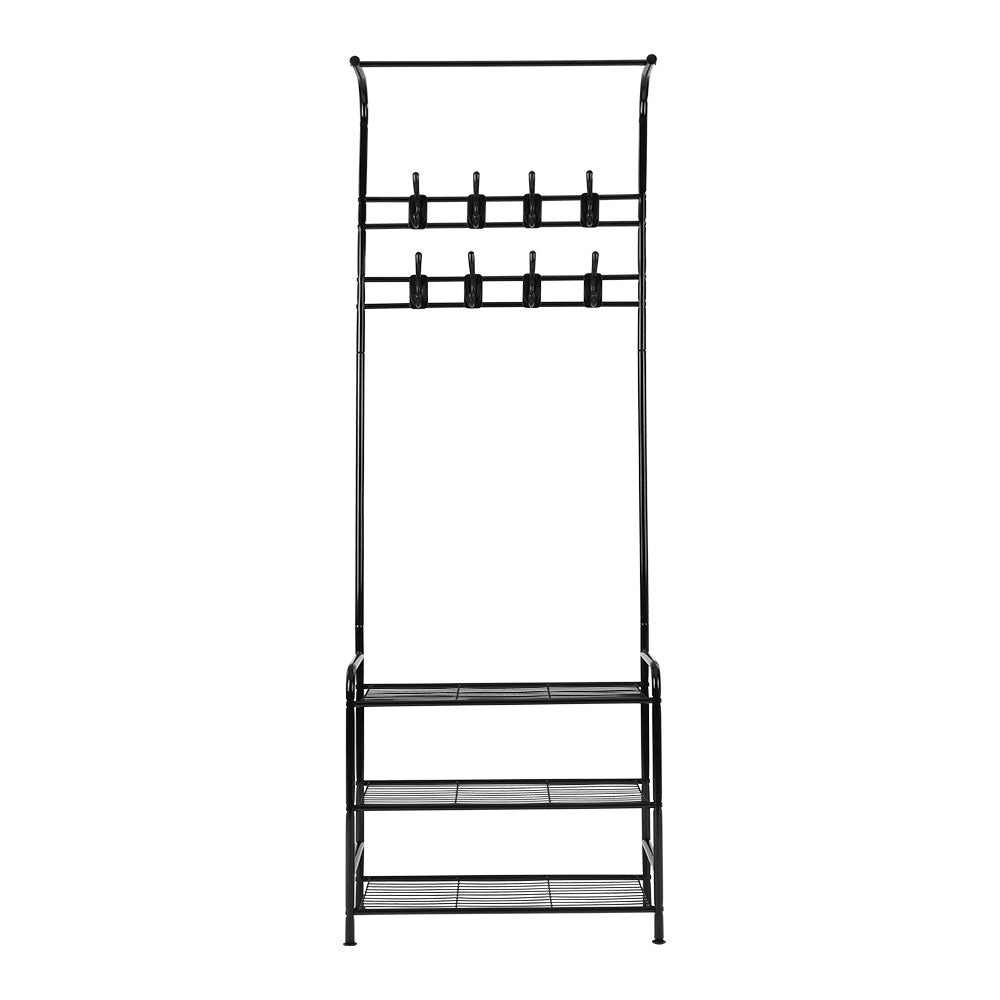 Black metal Artiss clothes rack with three tier shelving and eight coat hooks on display — view 5