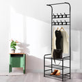 Black metal Artiss clothes rack with three tier shelving and eight coat hooks on display