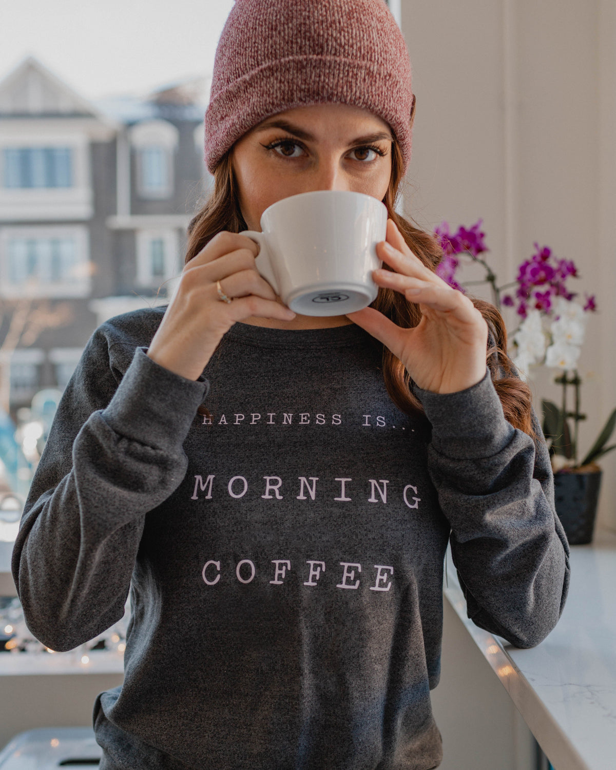 Women's Coffee Crew Sweatshirt, Charcoal-3