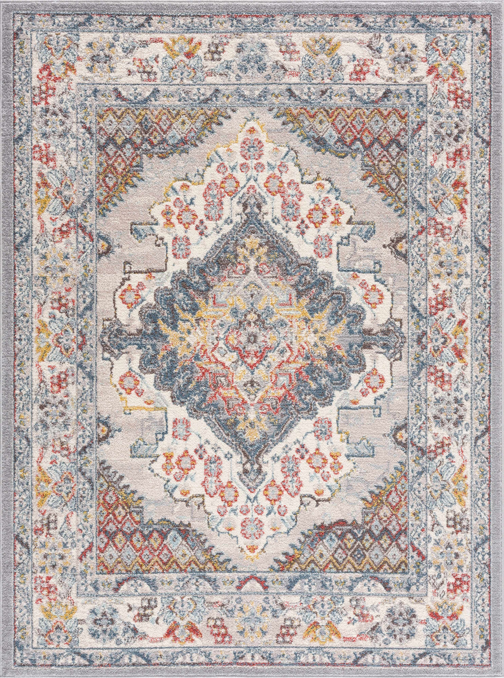 Haymond area rug featuring a traditional multi-color medallion pattern in taupe, blue, and red.