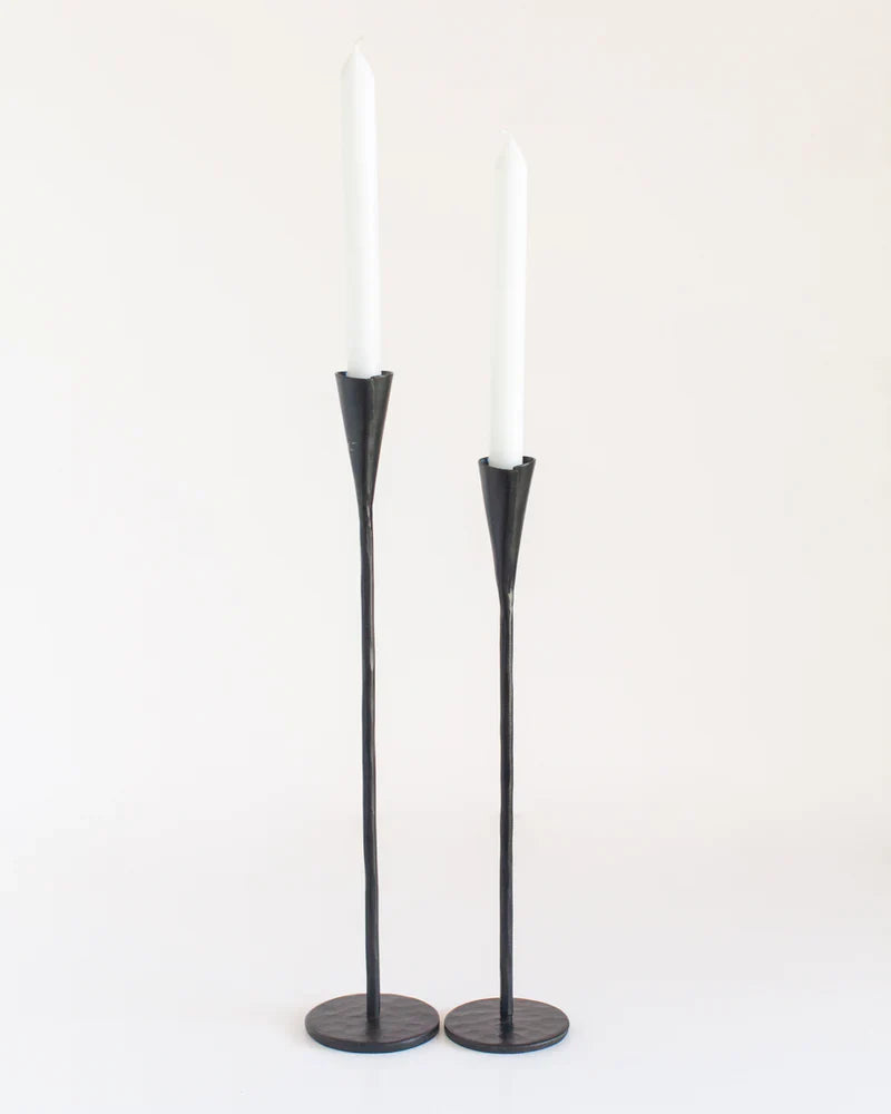 Hand-forged iron candle stands, set of two black metal taper candle holders with weighted bases — view 4