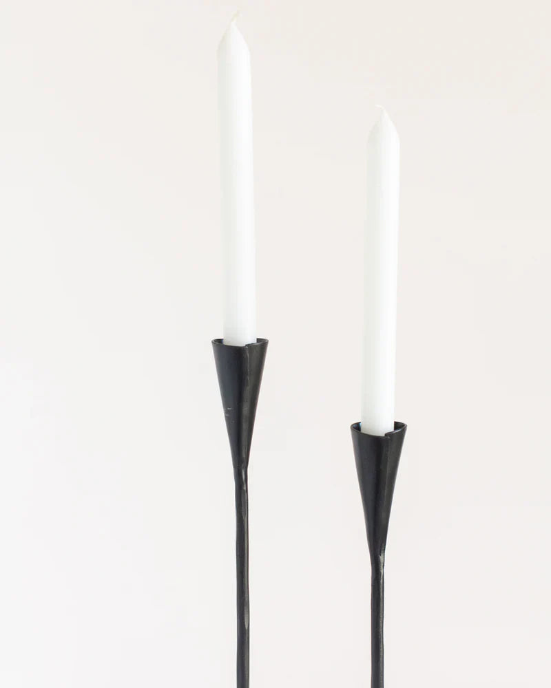 Hand-forged iron candle stands, set of two black metal taper candle holders with weighted bases — view 3